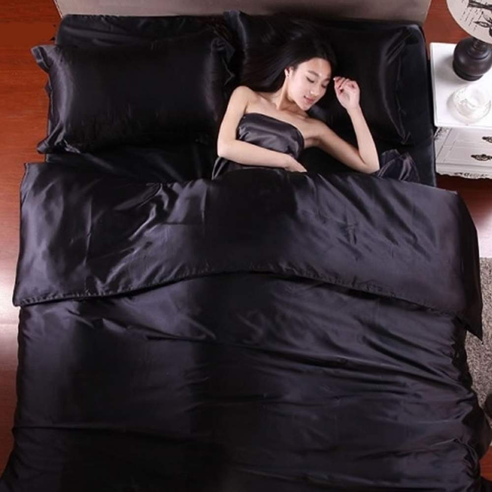 Satin Silk Bedding Set, Black / Queen 4 Piece Set